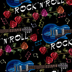 Embroidery music seamless pattern. Rock guitar and roses gothic art seamless background.  rock’n’roll slogan. Fashionable embroidery template vector for ladies, woman t shirt design