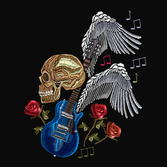 Embroidery rock music. Skull, guitar, wings, classical embroidery, music print template for clothes, textiles, t-shirt design