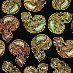 Embroidery human skull seamless pattern. Fashionable embroidery template vector for ladies, woman t shirt design. Skull seamless gothic background