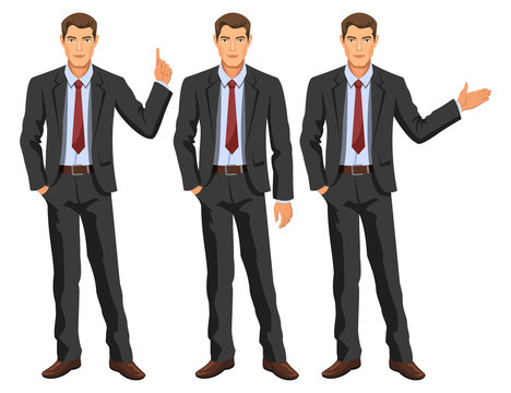 Man in business suit with tie. Handsome guy, gesturing. Elegant businessman in different poses. Stock vector.