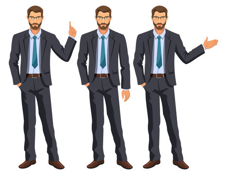 Man in business suit with tie. Bearded guy, gesturing. Elegant businessman in different poses. Stock vector.