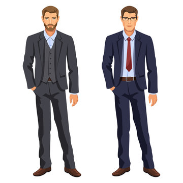 Two Men. Man In Business Suit. Elegant Young Cartoon Businessman. Guy In Costume. Stock Vector.