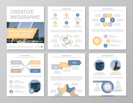 Set of blue and yellow elements for multipurpose a4 presentation template slides with graphs and charts. Leaflet, corporate report, marketing, advertising, annual report, book cover design.