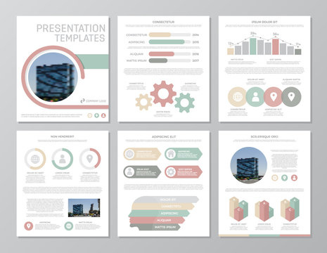 Set of red, gray and green elements for multipurpose a4 presentation template slides with graphs and charts. Leaflet, corporate report, marketing, advertising, annual report, book cover design.