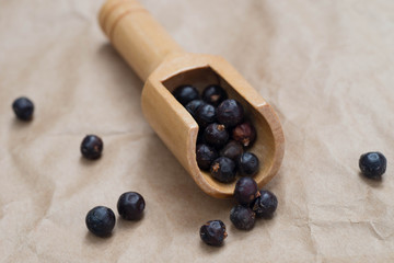 dried juniper berries  in measuring spoon