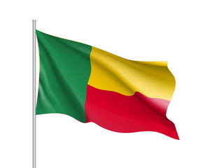Benin flag. Illustration of African country waving flag on flagpole. Vector 3d icon isolated on white background. Realistic illustration