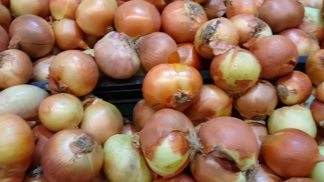 Pile of big brown onions in market, rotate motion 