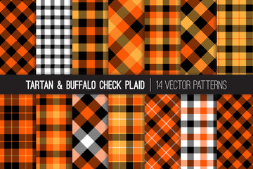 Halloween Tartan and Buffalo Check Plaid Seamless Vector Patterns. Orange, Black and White Flannel Shirt Fabric Textures. Fall Fashion. Thanksgiving Day Background. Pattern Tile Swatches Included.