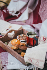Fototapeta na wymiar Cozy autumn picnic with tea and cookies