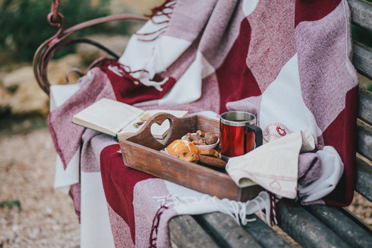 Cozy autumn picnic with tea and cookies