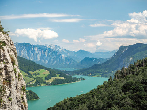 Mondsee and Attersee, view from Drachenwand rock, via ferrata, Halstatt region, Austria
