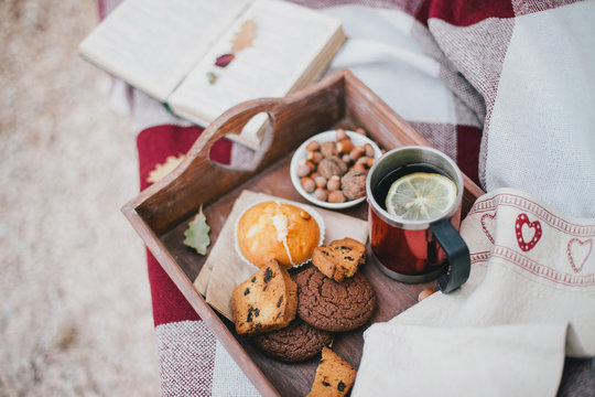 Cozy autumn picnic with tea and cookies