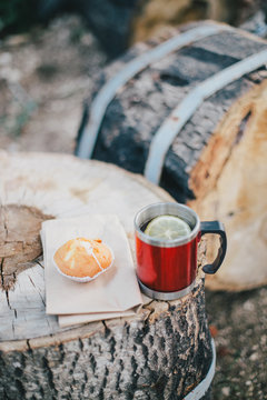 Red cup with tea and lemon and cookies on a wooden log in a forest
