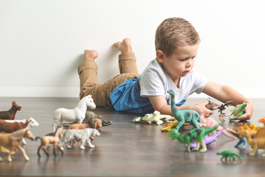 Little boy playing with dinosaur and animal action toys at home