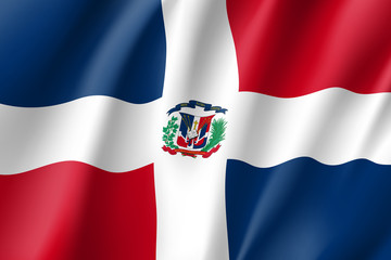 Flag Dominican realistic icon. State insignia of the nation in realistic style on the entire page. Waving state flag. National symbol in the form of a vector illustration