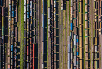 Aerial view of colorful freight wagons