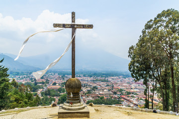 Panoramic view and cross over Antigua in Guatemala
