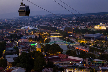 Cable car above evening Tbilisi