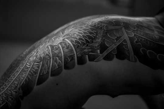 Detail of a Japanese tattoo in Black and white