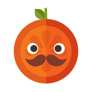 Gentleman smile emoji. Smiley orange fruit emoji with mustache and monocle. Vector flat design emoticon icon isolated on white background.