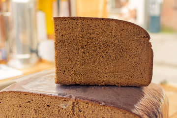 Traditional Lithuanian rye bread presented at the St. Dominic Fair in Old Town of Gdansk in Poland. Lithuanian traditional cuisine. 