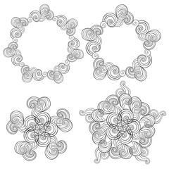 Four round waves ornamental design element isolated on white background. Monochrome outline vector illustration for invitation, greeting cards, print and other items.