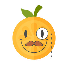 Obraz premium Gentleman smile emoji. Smiley orange fruit emoji with mustache and monocle. Vector flat design emoticon icon isolated on white background.