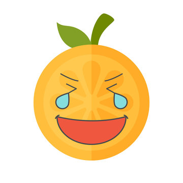 Laugh with tears emoji. Laughing with tears orange fruit emoji. Vector flat design emoticon icon isolated on white background.