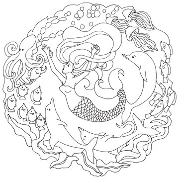Decorative element with mermaid, dolphins, fish, algae. Black and white vector illustration for coloring pages or other.