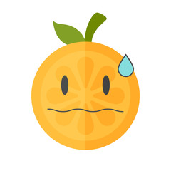Worry emoji. Worrying orange fruit emoji with drop of sweat. Vector flat design emoticon icon isolated on white background.