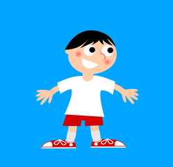 Illustration of a cheerful child in white t-shirt and red shorts © lucamendieta