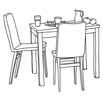 Interior hand-drawn sketch. Kitchen table with morning meal, two chairs. Black and white vector illustration.