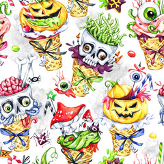 Watercolor seamless pattern, cartoon cones with skulls, pumpkins, eyes and amanitas. Halloween holiday illustration. Funny ice cream dessert. Poisonous treat. Magic, symbol of horror.