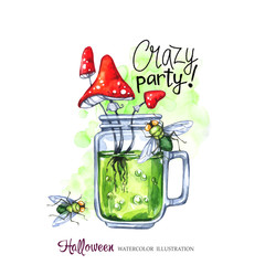 Obraz premium Watercolor illustration. Halloween holidays card. Hand painted glass cup with potion, amanitas and flies. Funny coctail. Poisonous drink. Magic, symbol of horror.