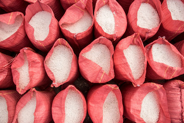 Overhead view of tyed bags with salt