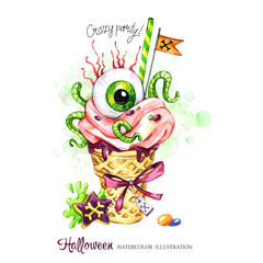 Watercolor illustration. Halloween holidays card. Hand painted waffle cone, human eye with cream and worms. Funny ice cream dessert. Poisonous treat. Magic, symbol of horror.