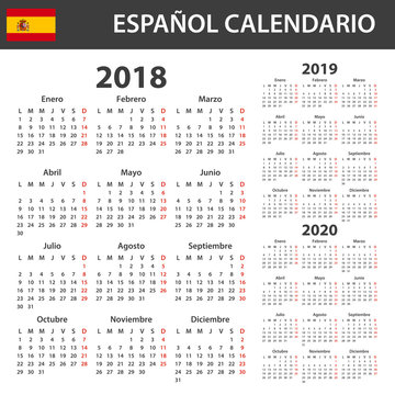 Spanish Calendar for 2018, 2019 and 2020. Scheduler, agenda or diary template. Week starts on Monday