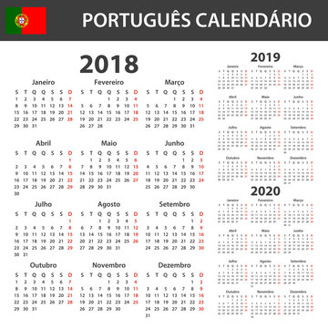 Portuguese Calendar for 2018, 2019 and 2020. Scheduler, agenda or diary template. Week starts on Monday