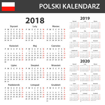 Polish Calendar for 2018, 2019 and 2020. Scheduler, agenda or diary template. Week starts on Monday