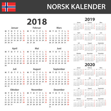 Norwegian Calendar for 2018, 2019 and 2020. Scheduler, agenda or diary template. Week starts on Monday