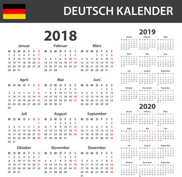German Calendar for 2018, 2019 and 2020. Scheduler, agenda or diary template. Week starts on Monday