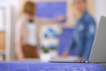 Two young woman standing near desk with instruments, plan and laptop.