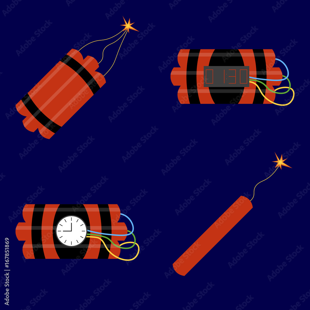 Poster flat simple set of dynamite isolated on blue background. icon of dynamite in cartoon style. vector e