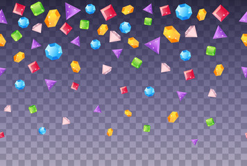 Abstract vector gems on blue background. Jewelry precious stone with star flashes. Illustration of multicolored falling stones. Rain of color gemstones.