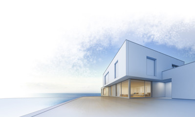 Luxury beach house with sea view swimming pool and empty terrace in modern design, Vacation home for big family on creative blue sky background - 3d rendering of residential building