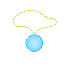 Fototapeta premium Flat simple pendant isolated on white background. Blue color icon of cute gem with gold chain in the cartoon style. Vector jewel illustration. Stone with splashes, sparkles and flashes.