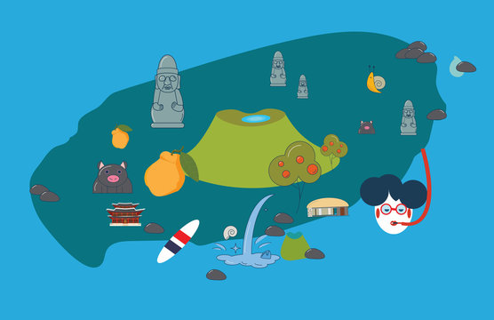Vector illustration to promote Jeju Island: Jeju-do cartoon styled map with attractions and symbols: Hallasan, Dol Hareubang or harubang, known as Stone grandfather, Haenyeo or Jeju female diver, etc.