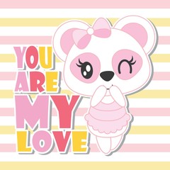 Cute baby panda with my love text on striped background vector cartoon illustration for baby shower card design, kid t shirt design, and wallpaper