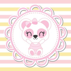 Cute baby panda in flower frame on striped background vector cartoon illustration for baby shower card design, kid t shirt design, and wallpaper