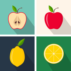Apple and lemon. Colorful flat design. Fruits with long shadow. Vector icons set